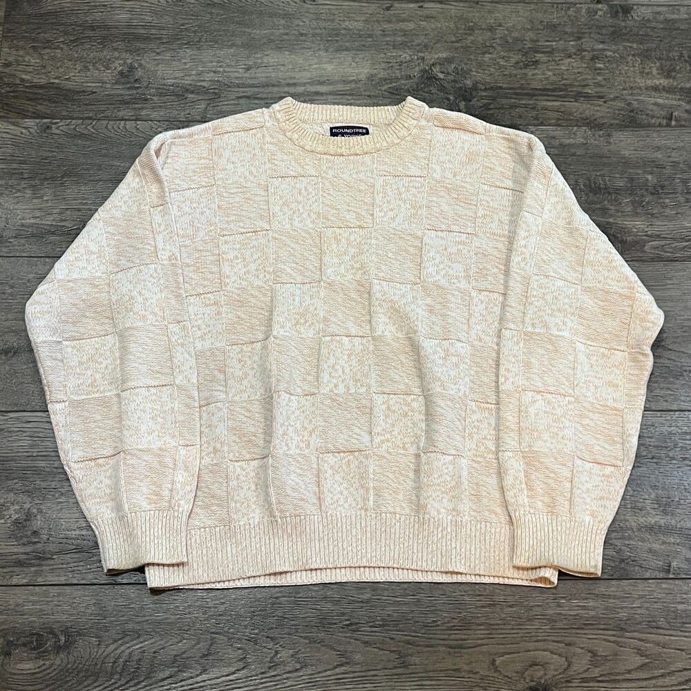 Vintage 90s Roundtree & Yorke Cream Checkered 3D Knit Sweater - Men's Size XL
